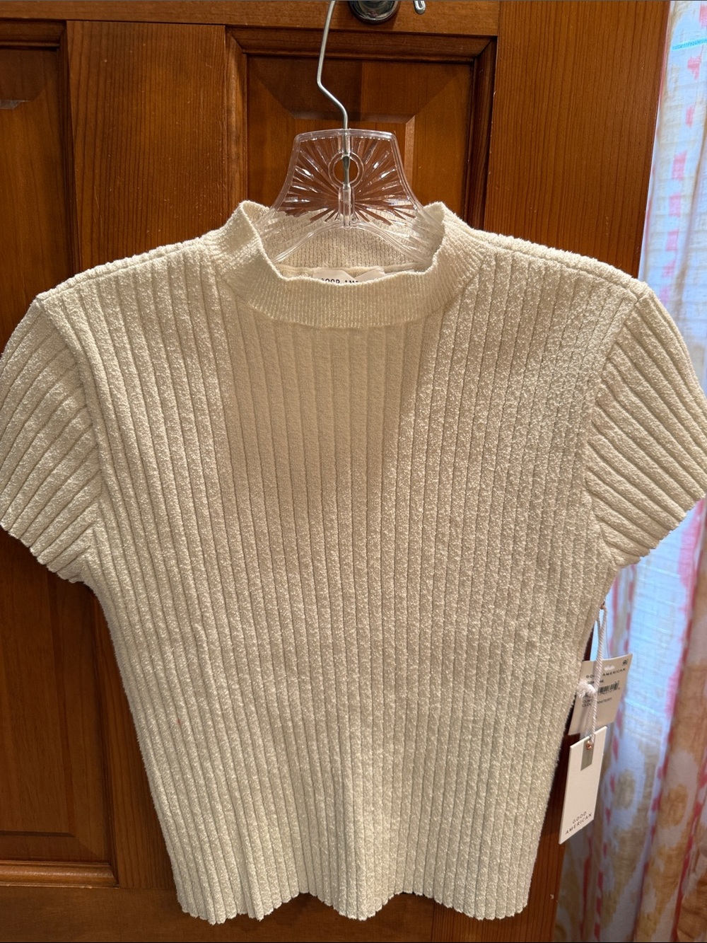 Good American Ivory Ribbed Short Sleeve Mock Neck Top